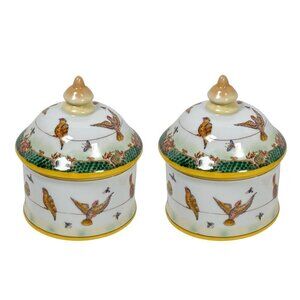 VTG Ceramic Hand Painted Lidded Jar Set Dish Asiatides Mark Chinese Birds 2PCs